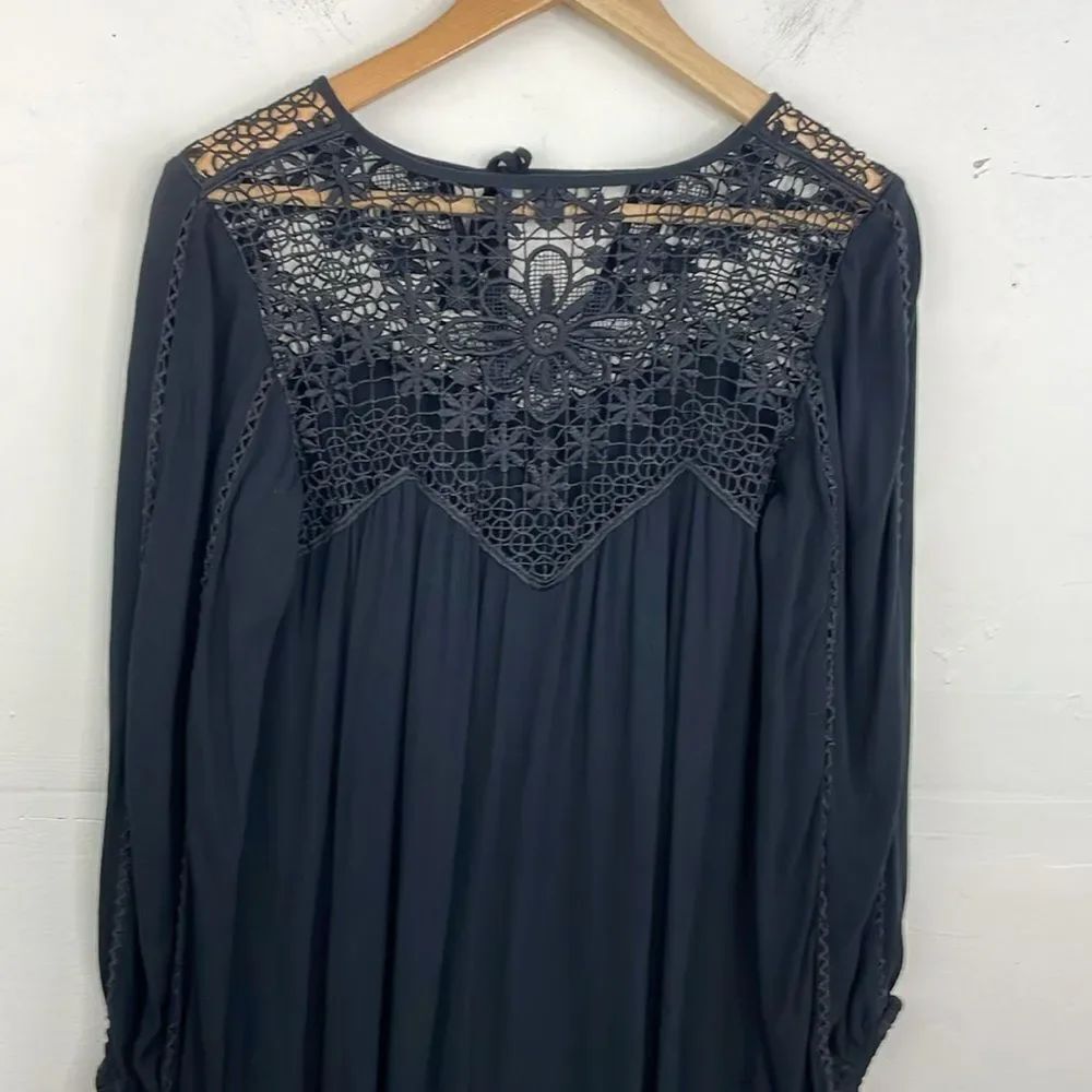 American Eagle Black Gothic Lace Yoke Tunic Dress Boho Romantic Long Sleeve Medi - Picture 7 of 14